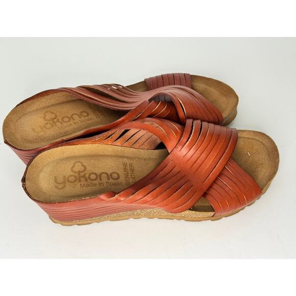 Yokono Women's Leather Slide Sandals Size 8 Brown Cross Strap Cork Wedge Comfort - Picture 3 of 8